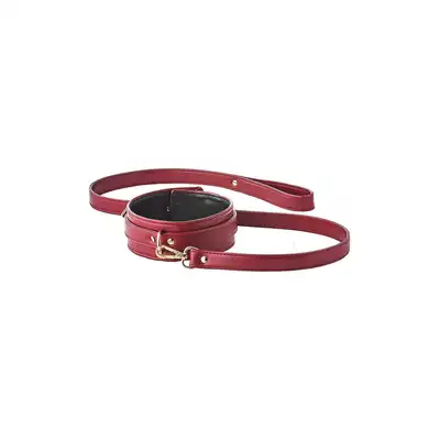 Blaze - Elite Collar And Leash Red. Czerwono-złoty elitarny zestaw BDSM. Obroża i smycz z eko skóry. 