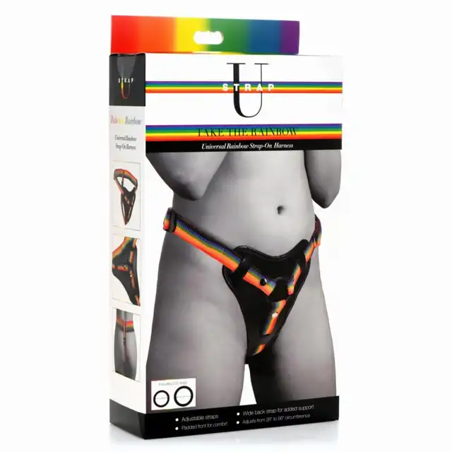 Strap-U- Take The Rainbow. Całkowicie regulowany uprząż strapon z tęczowym pasem. Wysoka jakość, miękkie amortyzowane wnętrze