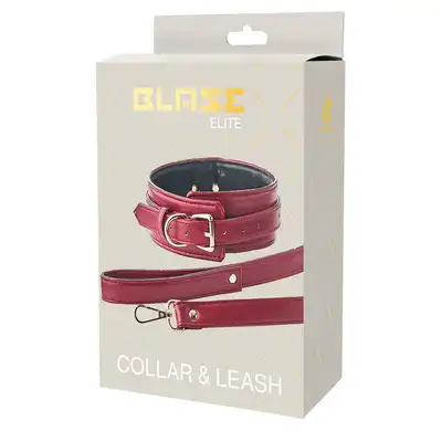 Blaze - Elite Collar And Leash Red. Czerwono-złoty elitarny zestaw BDSM. Obroża i smycz z eko skóry. 