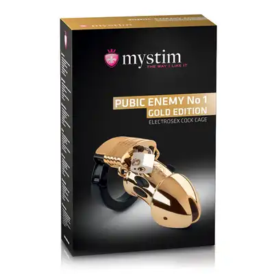 MyStim - Pubic Enemy No 1 Gold. Metalowa klatka na penisa z funkcją elektrostymulacji 