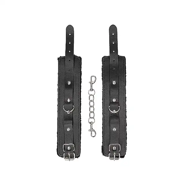 Ouch! - Plush Bonded Leather Hand Cuffs. Czarne skórzane kajdanki z pluszowym wykończeniem wewnątrz. BDSM w delikatnym wydaniu