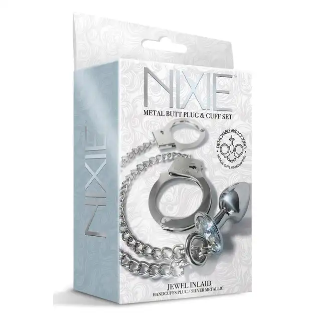 Nixie - Metal Butt Plug &amp; Handcuffs Silver. Zniewalające połączenie korka analnego i łańcuszka prowadzącego do zmysłowych metalowych kajdanek