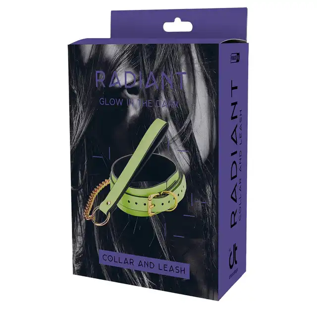 Radiant - Collat &amp; Leash Set. Świecąca w ciemnościach obroża i smycz w kolorze zielonym. Unikalny futurystyczny dodatek do sesji BDSM