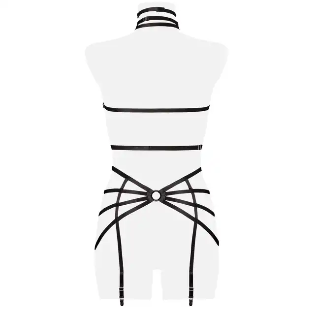 Grey Velvet - 3-teiliges Harness-Set M/L. Tajemniczo zmysłowy komplet w stylu harness z metalowymi kółeczkami i odsłoniętymi sutkami