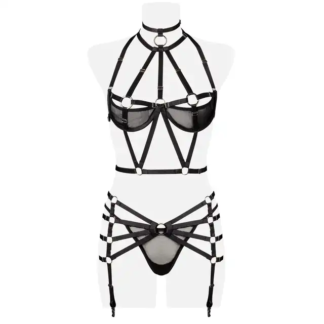 Grey Velvet - 3-teiliges Harness-Set M/L. Tajemniczo zmysłowy komplet w stylu harness z metalowymi kółeczkami i odsłoniętymi sutkami
