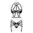 Grey Velvet - 3-teiliges Harness-Set M/L. Tajemniczo zmysłowy komplet w stylu harness z metalowymi kółeczkami i odsłoniętymi sutkami