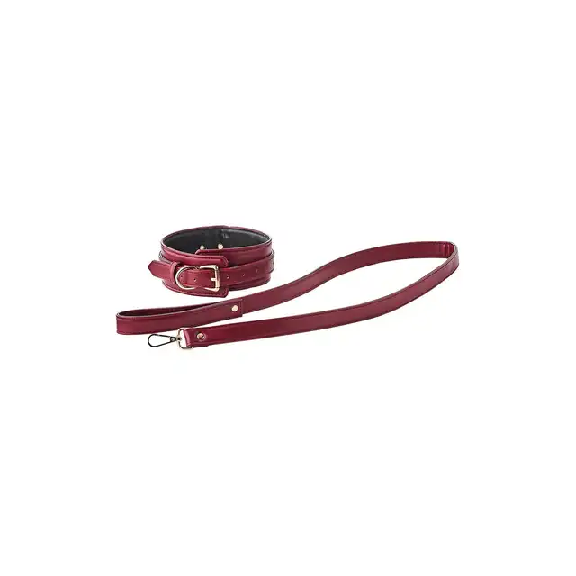 Blaze - Elite Collar And Leash Red. Czerwono-złoty elitarny zestaw BDSM. Obroża i smycz z eko skóry. 