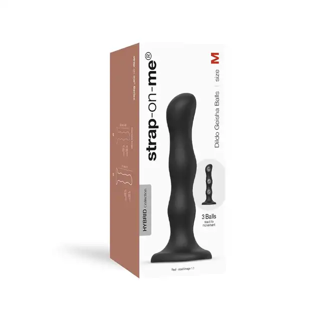 Strap-On-Me - Dildo Geisha Ball Black M. Super stymulujące dildo z drgającymi kulkami w środku. Połączenie dilda z kulkami gejszy, unikatowy produkt