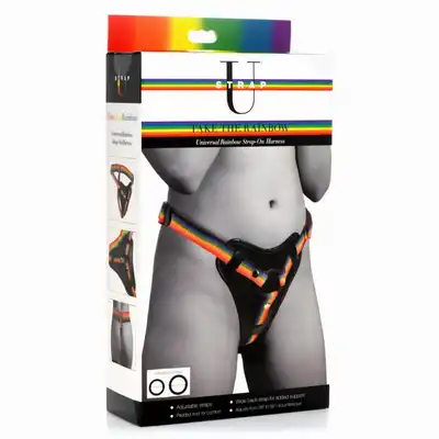 Strap-U- Take The Rainbow. Całkowicie regulowany uprząż strapon z tęczowym pasem. Wysoka jakość, miękkie amortyzowane wnętrze