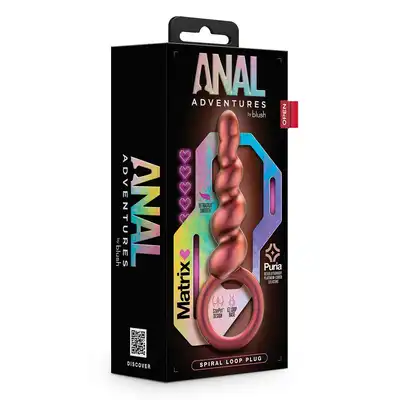 Anal Adventures - Matrix Spiral Loop Plug. Silikonowa spiralna wtyczka analna z metalicznym połyskiem. Wygodny uchwyt dla całkowitej kontroli