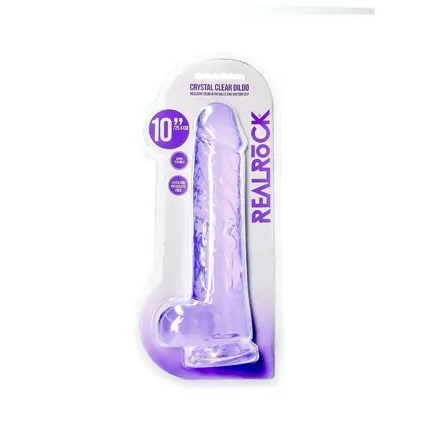 Shots Toys - Realistic Dildo With Balls 25,4 cm. Transparentne, fioletowe dildo z mocną przyssawką i ciekawą teksturą