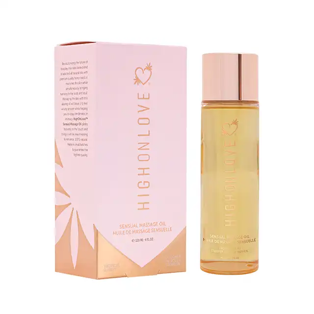 High On Love - Sensual Massage Oil Tropical Sunset 125 ml. Niesamowity olejek do ciała o tropikalnym zapachu z wyciągiem z nasion konopii. Magiczne odprężenie. 