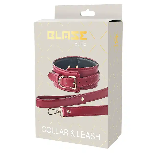 Blaze - Elite Collar And Leash Red. Czerwono-złoty elitarny zestaw BDSM. Obroża i smycz z eko skóry. 