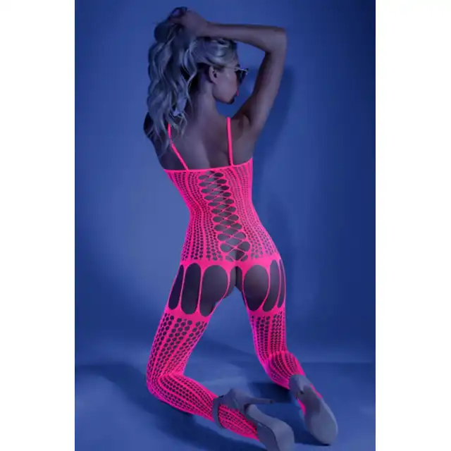 Glow - Hypnotic Criss-Cross Body with Garter Look. Bodystocking o neonowo różowym kolorze imitujący body z pończochami