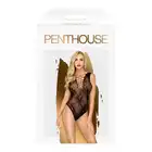 Penthouse - Runway Queen Black XL. Zmysłowe siateczkowe body z koronką i intrygującym dekoltem