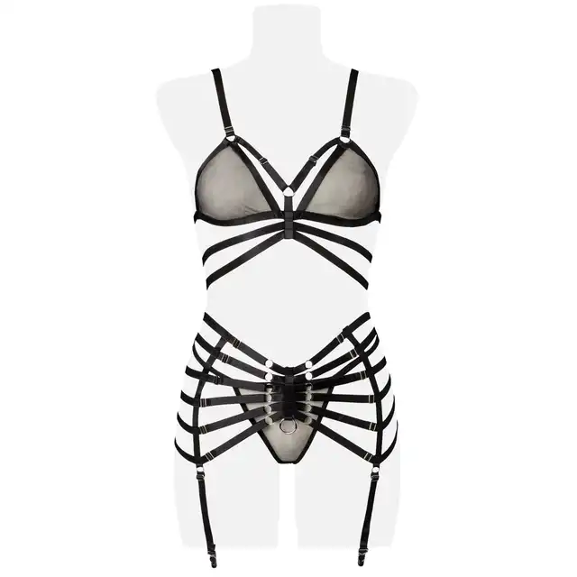 Grey Velvet - 4-teiliges Straps-Set M/L. Seksowny czarny komplet w stylu harness. Unikalny. 