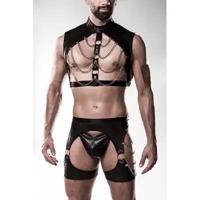 Grey Velvet - 3 Ketten Set Chaps L/XL. Seksowny męski komplet z harnessami oraz łańcuszkami