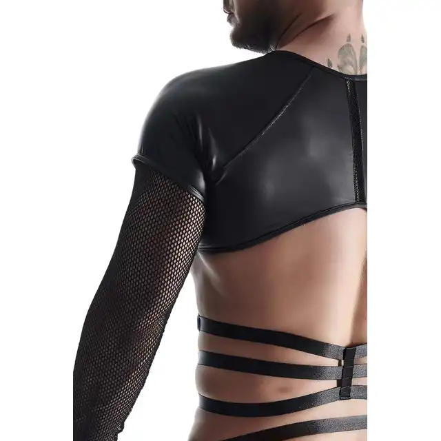 Regnes Fetish Planet - Black T-Shirt TSH019 XXL. Seksowna męska koszulka z połyskującego materiału i siateczkowymi rękawami, podkreślający sylwetkę harness