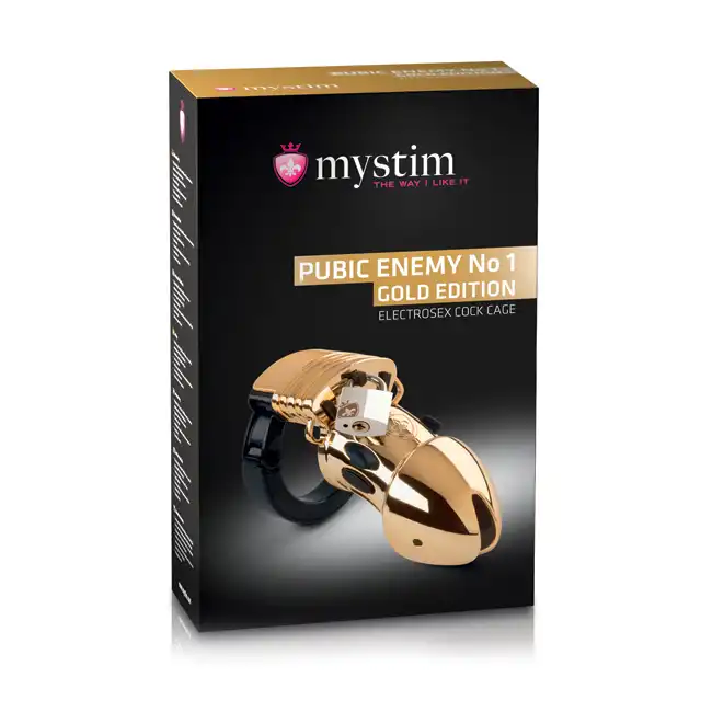 MyStim - Pubic Enemy No 1 Gold. Metalowa klatka na penisa z funkcją elektrostymulacji 