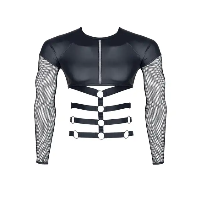 Regnes Fetish Planet - Black T-Shirt TSH019 XXL. Seksowna męska koszulka z połyskującego materiału i siateczkowymi rękawami, podkreślający sylwetkę harness