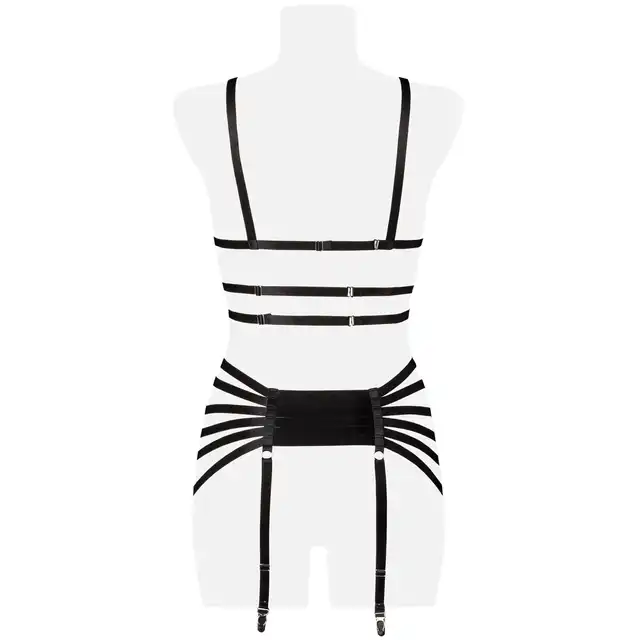 Grey Velvet - 4-teiliges Straps-Set M/L. Seksowny czarny komplet w stylu harness. Unikalny. 