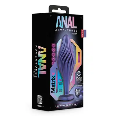 Anal Adventures - Matrix Swirling Bling Plug. Wtyczka analna w stożkowym kształcie o teksturze wzmacniającej doznania. Szafirowy kolor