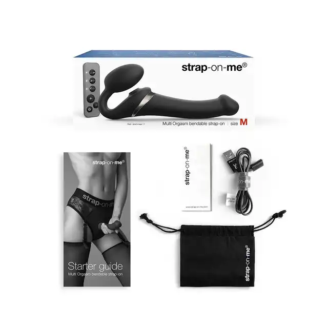 Strap-On-Me - Multi Orgasm Black M. Strapon bezuprzężowy z 3 mocnymi silniczkami stymulującymi. Elastyczny silikon, wysokiej jakości wykonanie