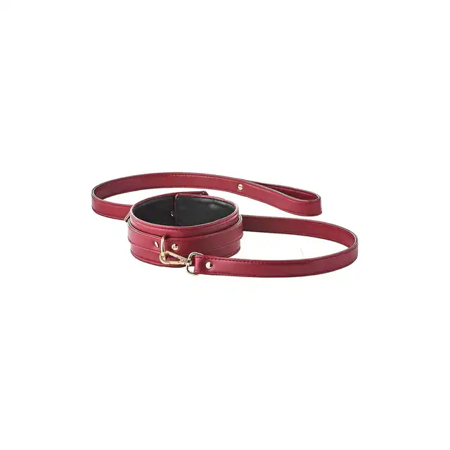 Blaze - Elite Collar And Leash Red. Czerwono-złoty elitarny zestaw BDSM. Obroża i smycz z eko skóry. 