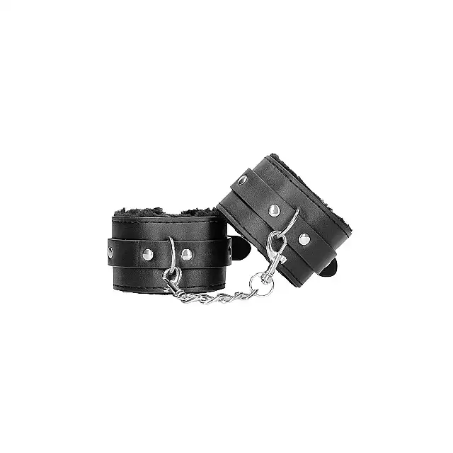 Ouch! - Plush Bonded Leather Hand Cuffs. Czarne skórzane kajdanki z pluszowym wykończeniem wewnątrz. BDSM w delikatnym wydaniu