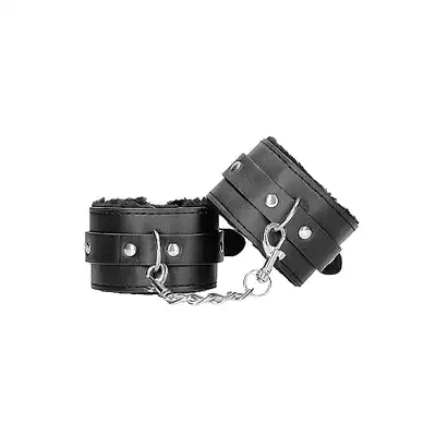 Ouch! - Plush Bonded Leather Hand Cuffs. Czarne skórzane kajdanki z pluszowym wykończeniem wewnątrz. BDSM w delikatnym wydaniu