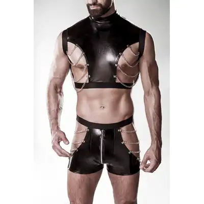 Grey Velvet - 2-teiliges Kunstleder Set L/XL. Męski komplet w stylu wetlook z rozpinanym kroczem i łańcuchami w stylu fetish BDSM