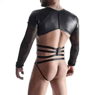 Regnes Fetish Planet - Black T-Shirt TSH019 XXL. Seksowna męska koszulka z połyskującego materiału i siateczkowymi rękawami, podkreślający sylwetkę harness