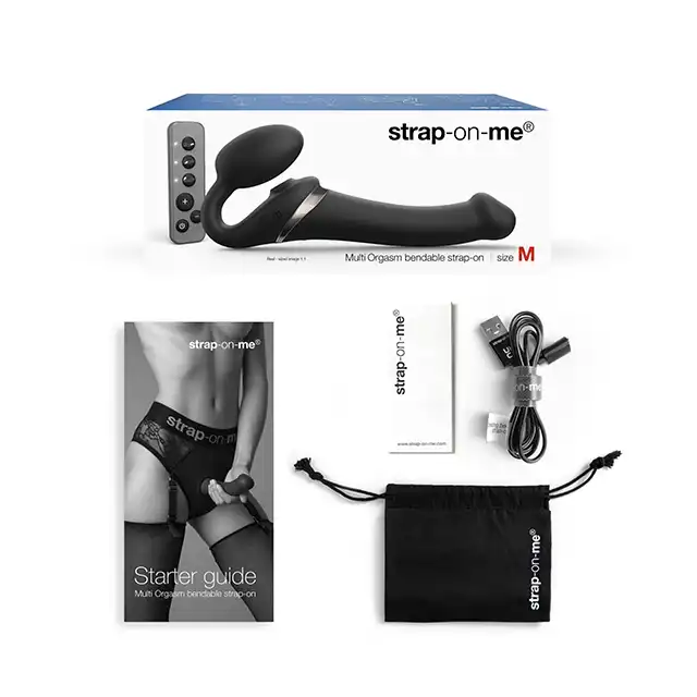 Strap-On-Me - Multi Orgasm Black S. Strapon bezuprzężowy z 3 mocnymi silniczkami stymulującymi. Elastyczny silikon, wysokiej jakości wykonanie