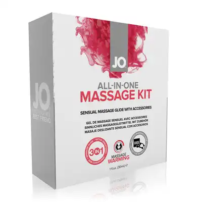 System JO - All-In-One Massage Kit. Rozgrzewający zestaw do masażu. Lubrykant, świeczka, masażer i poradnik z technikami. Niezwykle intymne doznania. Mega Sale!