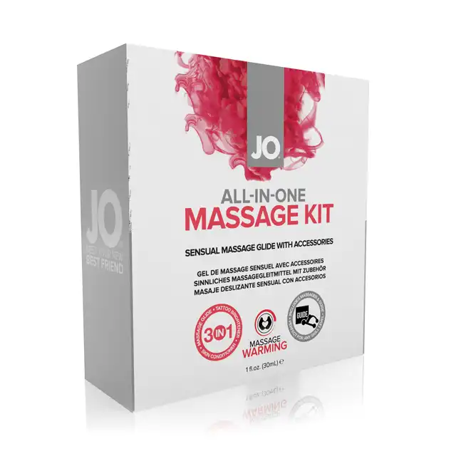System JO - All-In-One Massage Kit. Rozgrzewający zestaw do masażu. Lubrykant, świeczka, masażer i poradnik z technikami. Niezwykle intymne doznania. Mega Sale!
