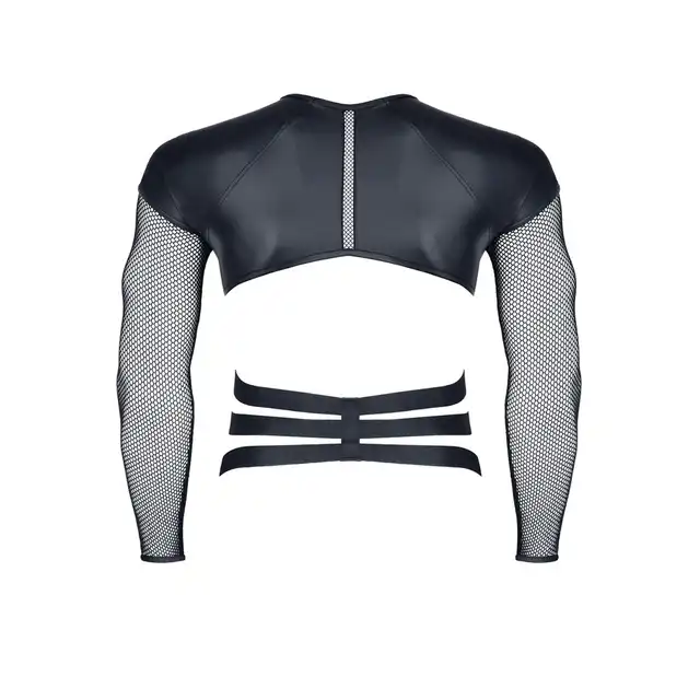 Regnes Fetish Planet - Black T-Shirt TSH019 XXL. Seksowna męska koszulka z połyskującego materiału i siateczkowymi rękawami, podkreślający sylwetkę harness