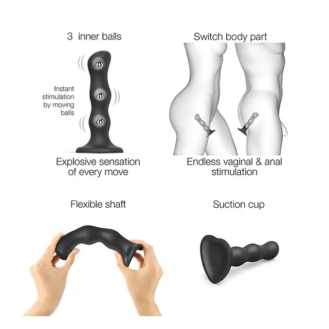 Strap-On-Me - Dildo Geisha Ball Black M. Super stymulujące dildo z drgającymi kulkami w środku. Połączenie dilda z kulkami gejszy, unikatowy produkt