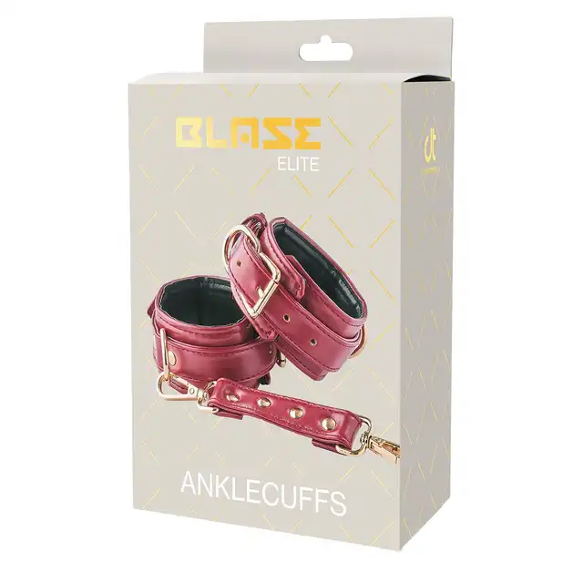 Blaze - Elite Anklecuffs Red. Eleganckie i stylowe czerwone kajdanki na nogi ze złotymi elementami. Super do sesji BDSM
