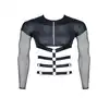 Regnes Fetish Planet - Black T-Shirt TSH019 XXL. Seksowna męska koszulka z połyskującego materiału i siateczkowymi rękawami, podkreślający sylwetkę harness