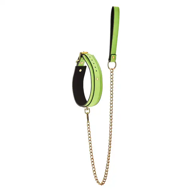 Radiant - Collat &amp; Leash Set. Świecąca w ciemnościach obroża i smycz w kolorze zielonym. Unikalny futurystyczny dodatek do sesji BDSM