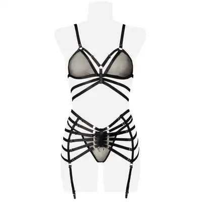 Grey Velvet - 4-teiliges Straps-Set M/L. Seksowny czarny komplet w stylu harness. Unikalny. 