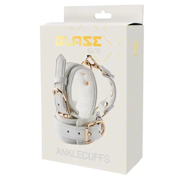 Blaze - Elite Anklecuffs White. Stylowe białe kajdanki na kostki ze złotymi elementami i łańcuchem o 12 cm długości 