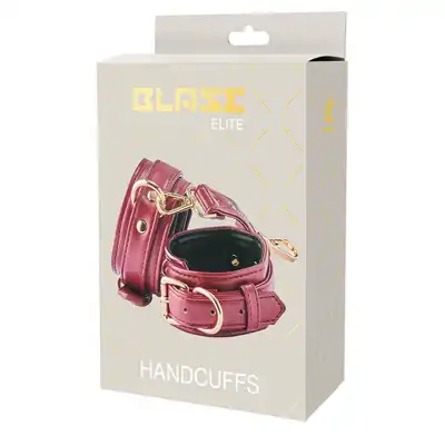Blaze - Elite Handcuffs Red. Czerwone, stylowe kajdanki z eko skóry ze złotymi dodatkami. Szyk i elegancja. 