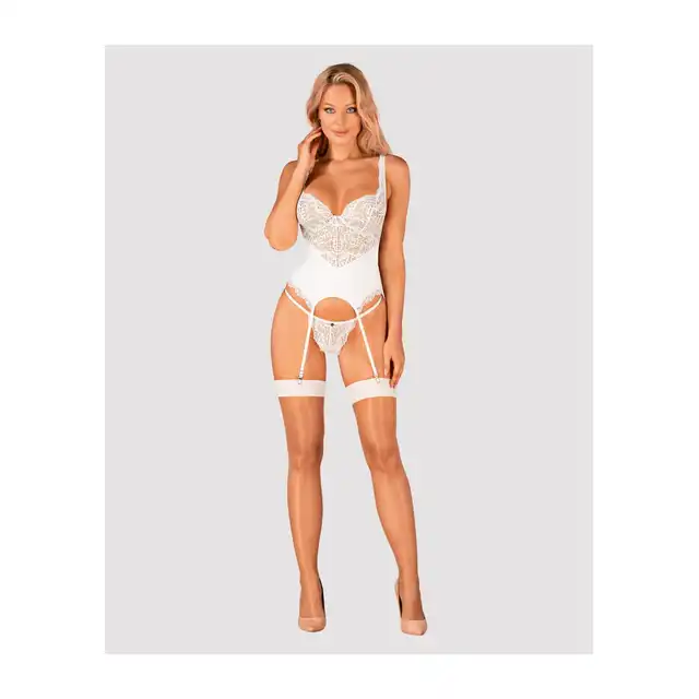 Obsessive - S814 stockings L/XL - idealnie podkreślone nogi. Pończochy z białą koronką