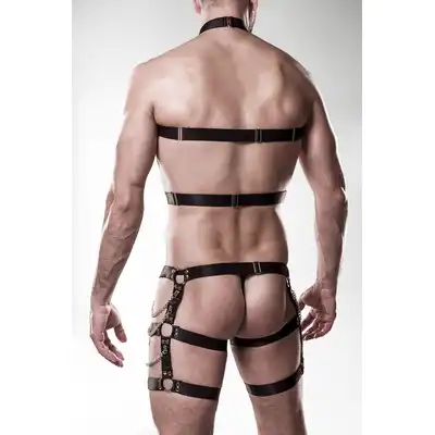 Grey Velvet -Ketten Set String S/M. Odważnie seksowny męski komplet w stylu harness z łańcuchami