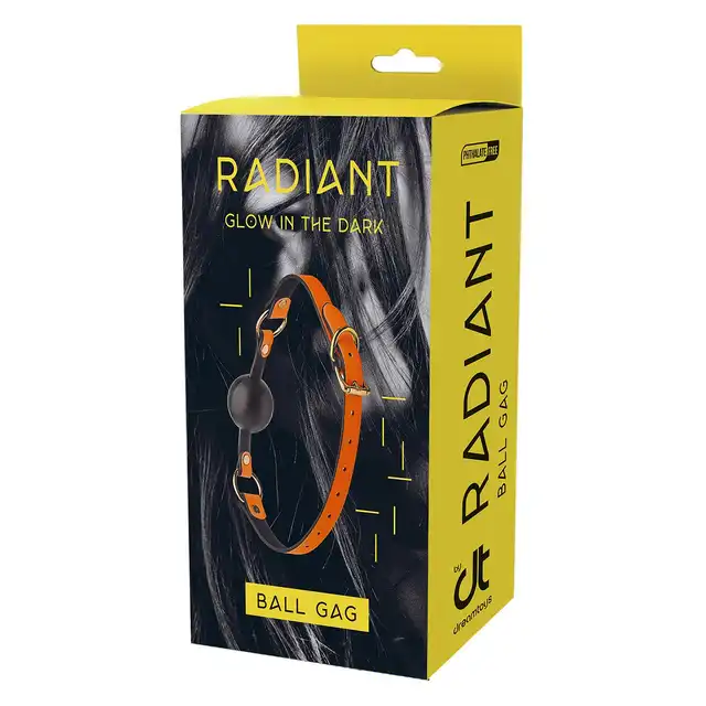 Radiant - Ball Gag Glow In The Dark Orange. Świecący w ciemności knebel z silikonową kulką o średnicy 4 cm. Fluorescencyjnie futurystycznie pomarańczowy. 