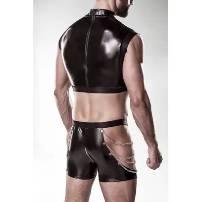 Grey Velvet - 2-teiliges Kunstleder Set L/XL. Męski komplet w stylu wetlook z rozpinanym kroczem i łańcuchami w stylu fetish BDSM