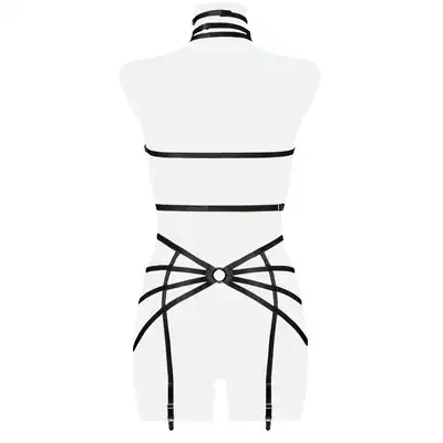 Grey Velvet - 3-teiliges Harness-Set M/L. Tajemniczo zmysłowy komplet w stylu harness z metalowymi kółeczkami i odsłoniętymi sutkami