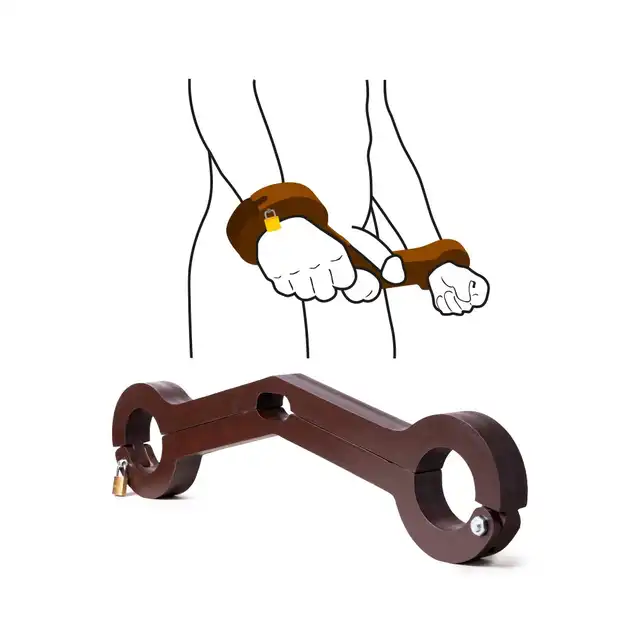 Rimba - Humbler Ball and Wrist Lock Wood - drewniane kajdanki na ręce i penisa lub jądra. Na kłódkę