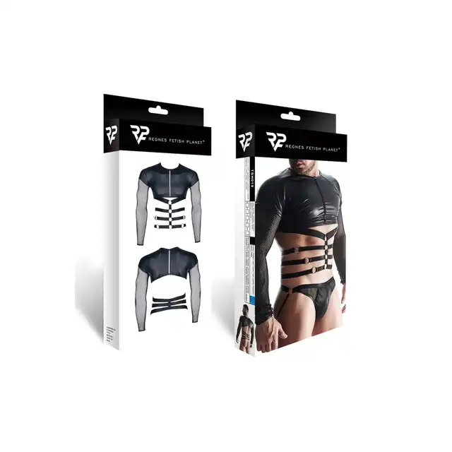 Regnes Fetish Planet - Black T-Shirt TSH019 XXL. Seksowna męska koszulka z połyskującego materiału i siateczkowymi rękawami, podkreślający sylwetkę harness